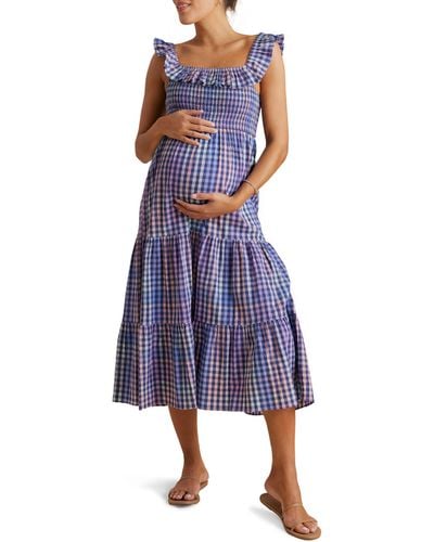 A Pea In The Pod Ruffle Cotton Midi Maternity/nursing Sundress - Blue