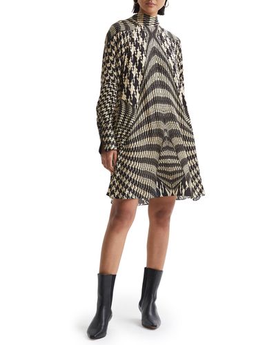 Reiss Ester Mixed Houndstooth Plaid Long Sleeve Swing Dress - Multicolor