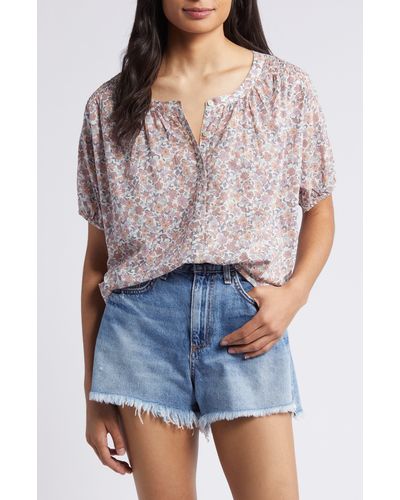 Lucky Brand Floral Print Cotton Peasant Top - Pink
