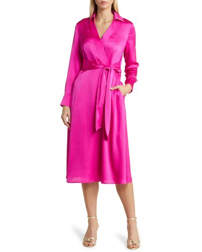 Tahari Long Sleeve Hammered Satin Faux Wrap Midi Shirtdress - Pink