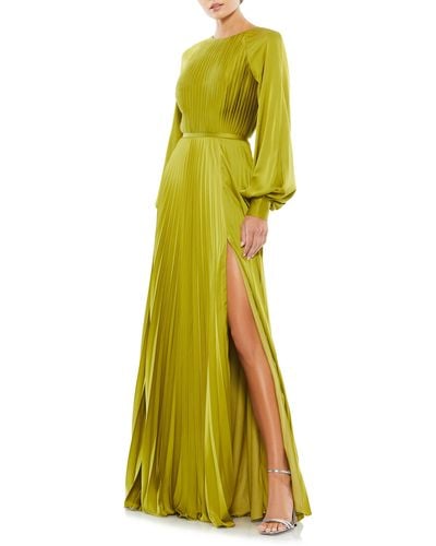 Ieena for Mac Duggal Pleated Long Sleeve Satin A-line Gown - Yellow