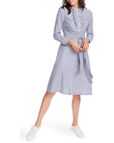 Court & Rowe Ruffle Placket Flocked Dot Pinstripe Long Sleeve Cotton Shirtdress - Blue