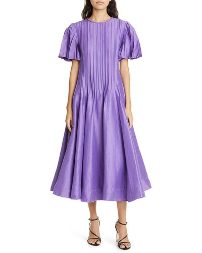 Aje. Nova Pleated Linen Blend Midi Dress - Purple