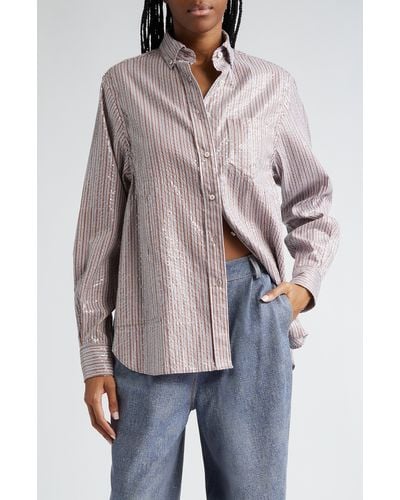 Saks Potts William Stripe Sequin Cotton Poplin Button-down Shirt - Gray