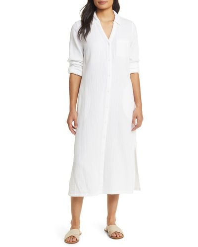 Caslon Caslon(r) Cotton Gauze Long Sleeve Midi Shirtdress - White