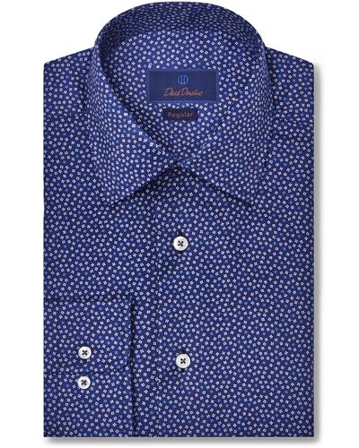 David Donahue Regular Fit Tossed Square Print Cotton Dress Shirt - Blue