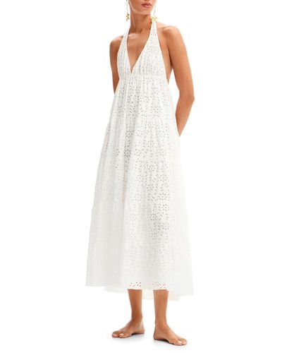 Desigual Long Plunging Halter Dress - White