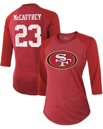 Majestic Threads Christian Mccaffrey San Francisco 49ers Player Name & Number Tri-blend 3/4-sleeve Fitted T-shirt At Nordstrom - Red