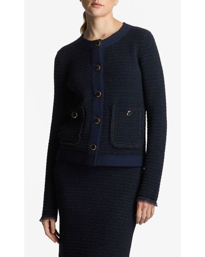 St. John Stripe Metallic Tweed Crop Jacket - Blue