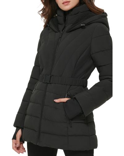 Kenneth Cole Berber Belted Stretch Water Resistant Hooded Puffer Jacket - Black