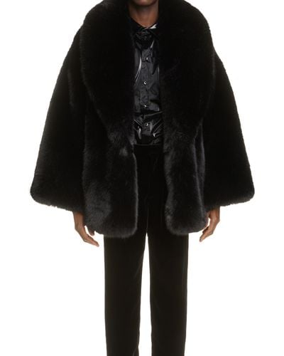 Saint Laurent Shawl Collar Faux Fur Coat - Black