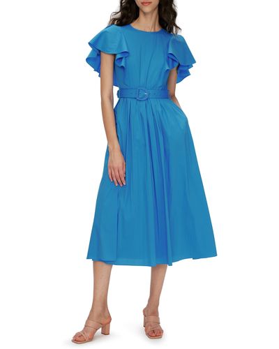 Diane von Furstenberg Damon Ruffle Sleeve Cotton Blend Midi Dress - Blue