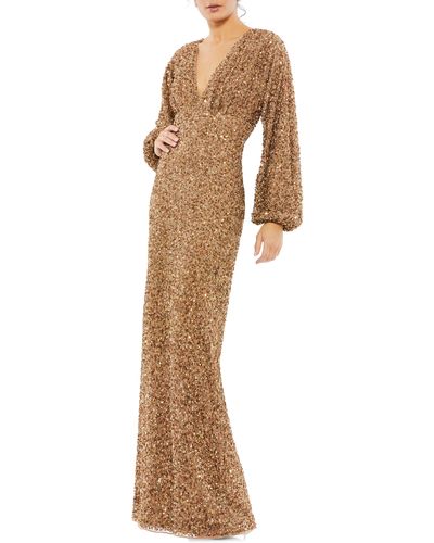 Mac Duggal Sequin Long Sleeve Tulle Gown - Natural