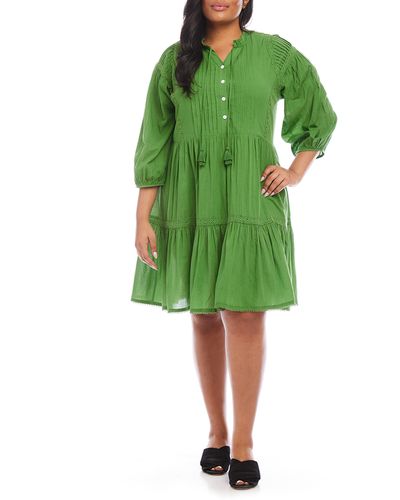 Karen Kane Tiered Lace Trim Cotton Dress - Green