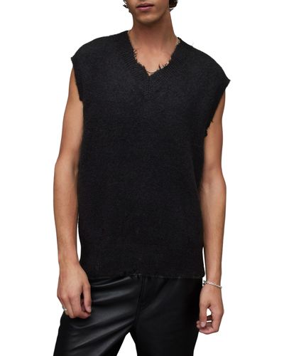 AllSaints Albans Oversize Distressed V-neck Sweater Vest - Black