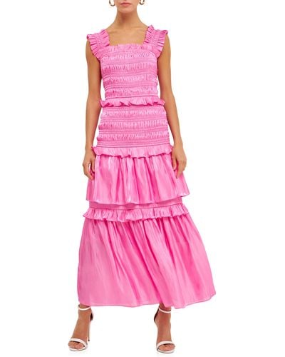 Endless Rose Sheer Smocked Tiered Maxi Dress - Pink