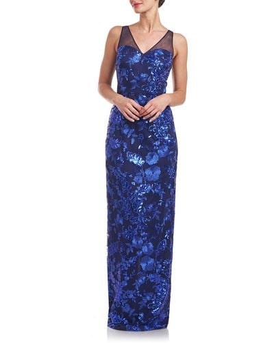 JS Collections Baylor Embroidered Sequin Sleeveless Gown - Blue