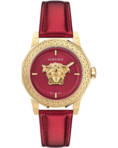 Versace Medusa Deco Leather Strap Watch - Red