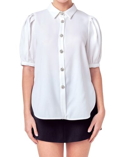 English Factory Puff Sleeve Embellished Button-up Blouse - White