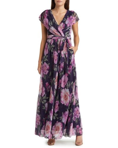 Eliza J Floral Print Tie Waist Maxi Dress - Purple