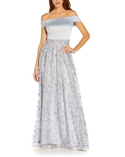 Adrianna Papell Embroidered Floral Off The Shoulder Gown - Multicolor