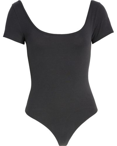 BP. Scoop Neck Short Sleeve Thong Bodysuit - Black