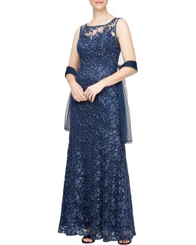 Alex Evenings Embroidered Lace Gown & Shawl - Blue