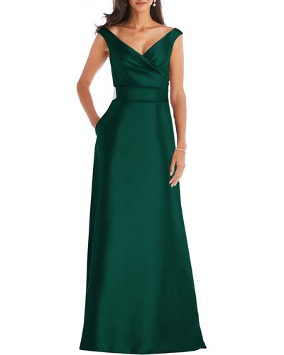 Alfred Sung Off The Shoulder Satin Gown - Green