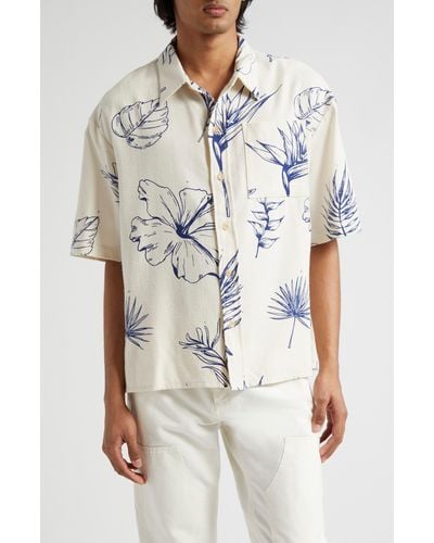 The Elder Statesman Gender Inclusive Botanic Short Sleeve Cotton & Silk Button-up Shirt - White