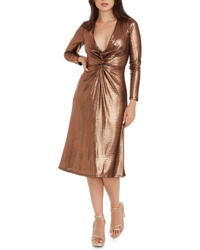 Dress the Population Daria Metallic Long Sleeve Fit & Flare Dress - Brown
