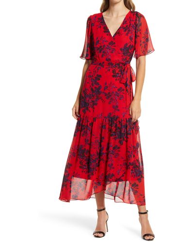 Donna Ricco Floral Faux Wrap Flutter Sleeve Dress - Red