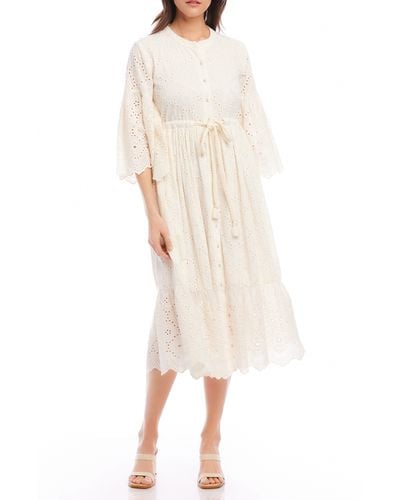Karen Kane Tiered Eyelet Drawstring Waist Midi Dress - Natural