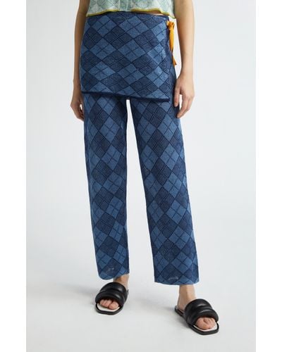 YANYAN Easy Beach Argyle Linen Knit Pants With Apron - Blue