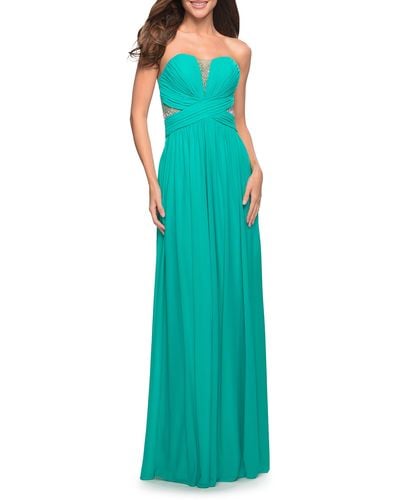 La Femme Stunning Beaded Strapless Mesh & Jersey Gown - Green