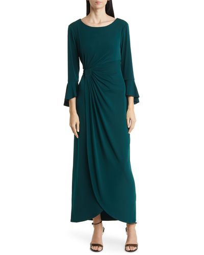 Connected Apparel Bell Sleeve Gathered Waist Gown - Green