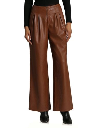 Avec Les Filles Wide Leg Faux-ever Leather Pleated Pants - Brown