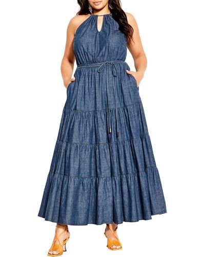 City Chic Hamptons Tie Waist Tiered Maxi Dress - Blue