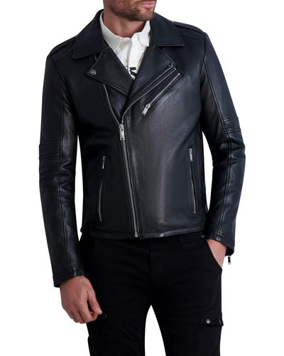Karl Lagerfeld Leather Notch Lapel Moto Jacket - Black