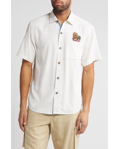 Tommy Bahama Isle Of Tiki Embroidered Short Sleeve Silk Graphic Button-up Shirt - White