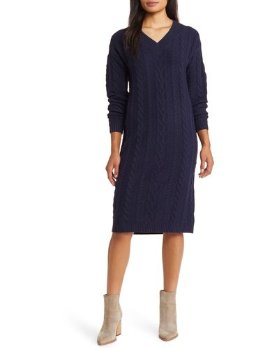 Caslon Caslon(r) Long Sleeve Cable Stitch Sweater Dress - Blue