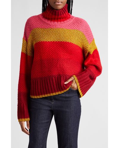 FARM Rio Shiny Stripe Colorblock Turtleneck Sweater - Red