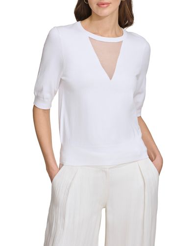 DKNY Sheer Mesh Illusion V-neck Sweater - White