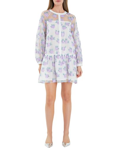 English Factory Floral Button Front Long Sleeve Organza Minidress - Purple