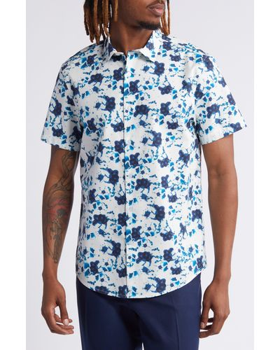 Open Edit Floral Short Sleeve Stretch Cotton Button-up Shirt - Blue