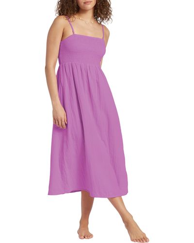 Billabong Off The Coast Smocked Bodice Cotton Midi Dress - Purple