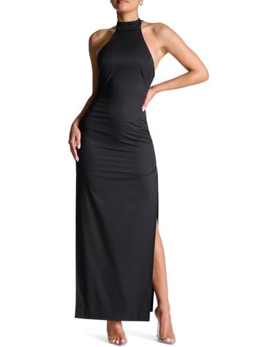 Naked Wardrobe Halter Corset Side Slit Dress - Black