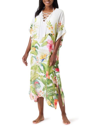 Tommy Bahama Paradise Bird Floral Cover-up Caftan - Green