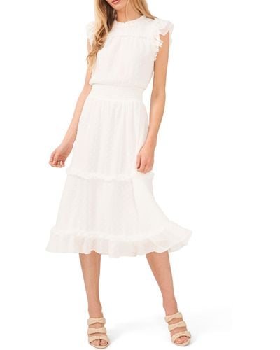 Cece Clip Dot Flutter Sleeve Midi Dress - White
