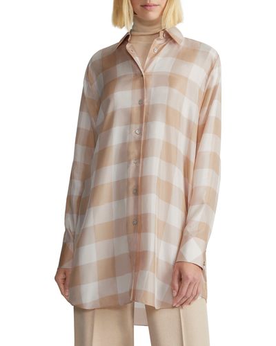 Lafayette 148 New York Oversize Longline Plaid Silk Button-up Shirt - Natural