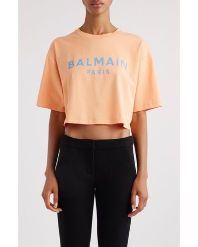 Balmain Logo Crop Cotton Graphic T-shirt - Orange